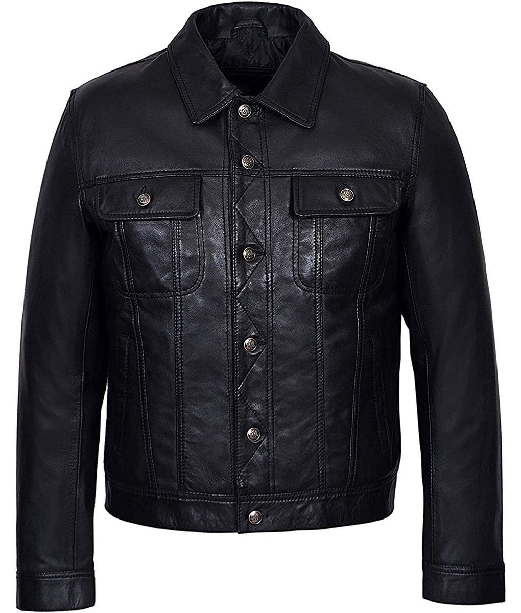 Travis Mens Black Modern Leather Trucker Jacket